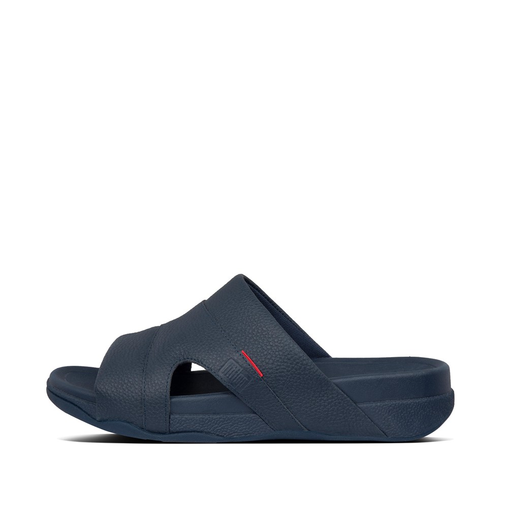 Fitflop Mens Slides Navy - Freeway Leather Pool - 06HBVMGLC